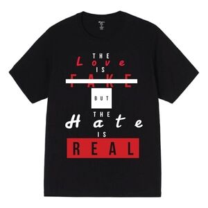 Black Graphic T-Shirt with Red and White Text